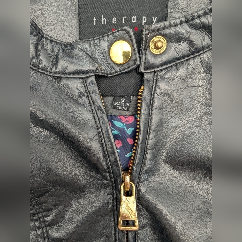 Therapy Faux Leather Jacket Lined Biker Moto Brassy Gold Accents Women Size S - Picture 11 of 17